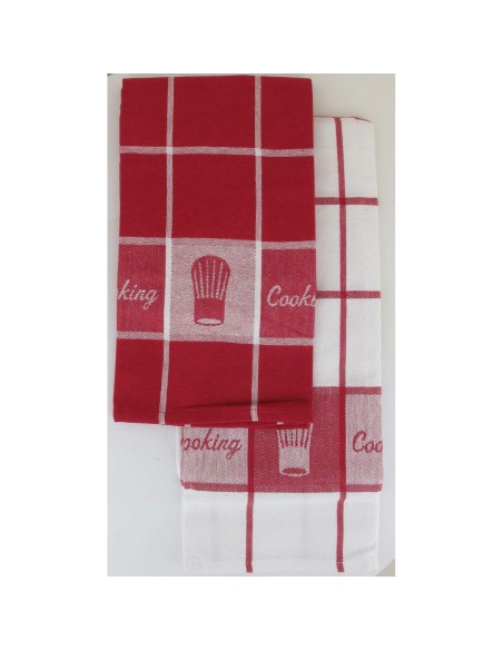 Set 2 torchons cooking 50x70cm coton   blanc rouge