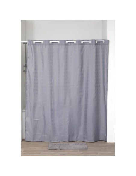 Rideau de douche polyester motif carre anneaux integres 180x200 cm   gris
