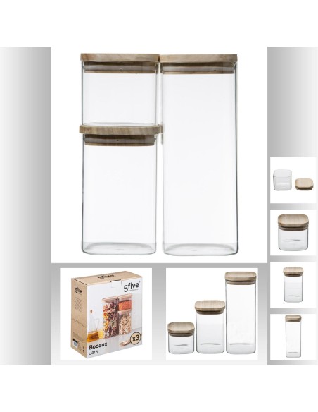 Bocal verre bois x3 empil set L. 10,8 x P. 10,8 x H. 25,5 cm