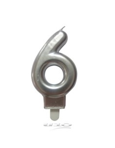 Bougie anniversaire chiffre 6 avec support plastique h7,5cm argent