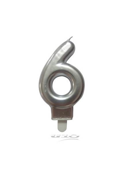Bougie anniversaire chiffre 6 avec support plastique h7,5cm argent