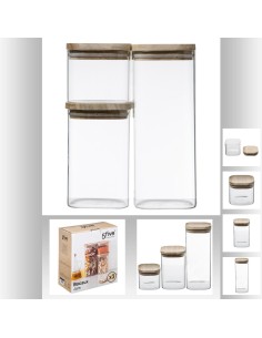 Bocal verre bois x3 empil set L. 10,8 x P. 10,8 x H. 25,5 cm