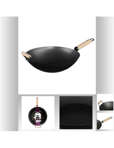 Wok acier 35cm manche bois L. 56,7 x P. 35,5 x H. 10 cm