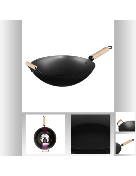 Wok acier 35cm manche bois L. 56,7 x P. 35,5 x H. 10 cm