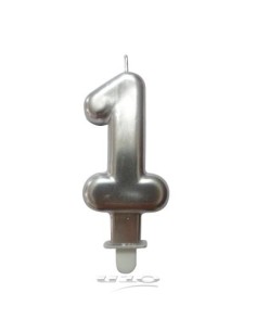 Bougie anniversaire chiffre 1 avec support plastique h7,5cm argent