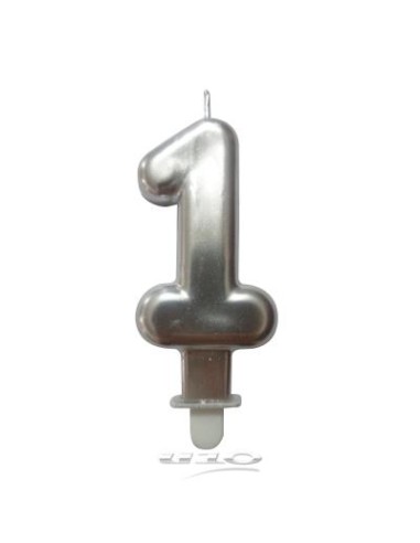 Bougie anniversaire chiffre 1 avec support plastique h7,5cm argent
