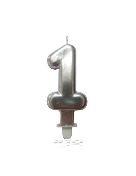 Bougie anniversaire chiffre 1 avec support plastique h7,5cm argent