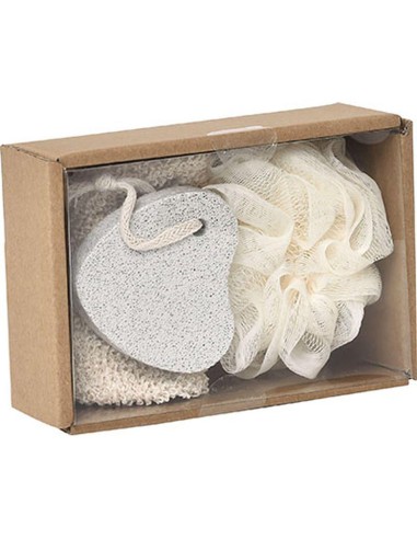 coffret 3 produits comprenant fleur de bain pierre ponce forme coeur gant pour l