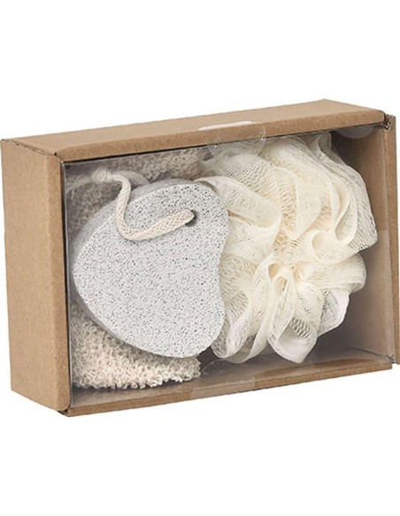 coffret 3 produits comprenant fleur de bain pierre ponce forme coeur gant pour l