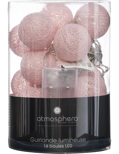 guirlande led pile 16 boules rose clair d.3,5