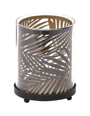 6010623-photophore verre metal dessin feuilles exotiques - noir/or