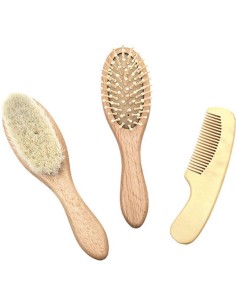 75547104 - coffret 3 accessoires pour bebe 2 brosses et 1 peigne - bois
