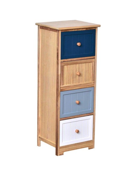 meuble mdf/paulownia 4 tiroirs avec poignees boutons ronds - naturel/bleu/blanc