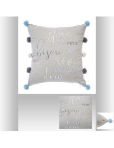 158729b-coussin 10 pompoms brod gris