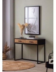 14248-console mela 2 tiroirs chéne/noir