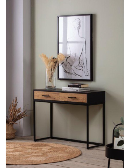 14248-console mela 2 tiroirs chéne/noir