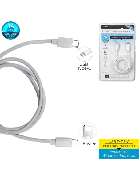 cable charge ultra rapide 3a port usb-c iphone m12