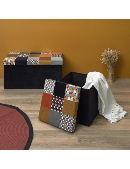 hd7418-coffre pouf pliable patchwork retro