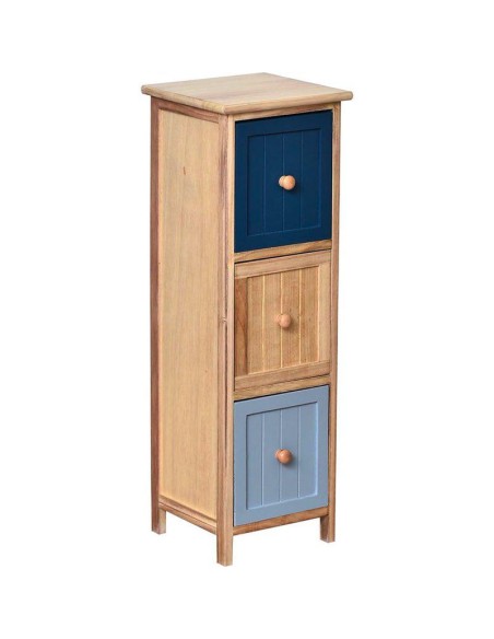 meuble mdf/paulownia 3 tiroirs avec poignees boutons ronds - naturel/bleu