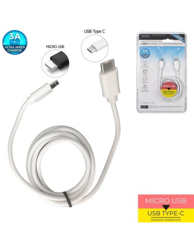 cable ultra rapide 3a syn port usb-c micro usb m12