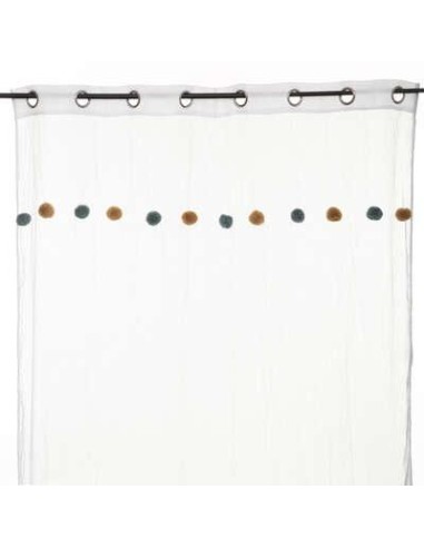 voilage pompons bleu ocre