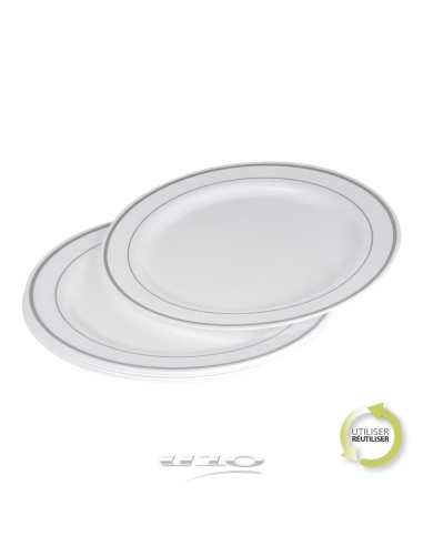 6asj043ag-set de 6 assiettes en plastique reutilisable d23cm blanc lisere argent
