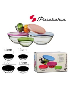 set de 4 saladiers en verre + couvercles (14/17/20/23 cm)