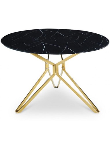 014047/014047b-table ego pied chrome dore plateau facon marbre noir d120 h75cm