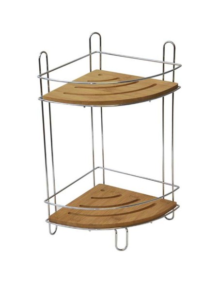 9118195 - etagere d'angle fil metal/bambou 2 niveaux - chrome/bambou