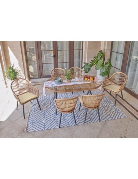 443661 - set 4 pcs 1 table é manger / 4 fauteuils en résine coussins