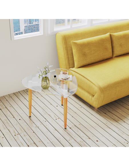 table appoint aria triangle - plateau transp + pieds bois -60x45cm