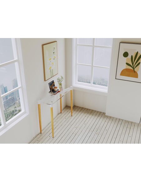 console aria - plateau transp + pieds bois -100x40x80cm