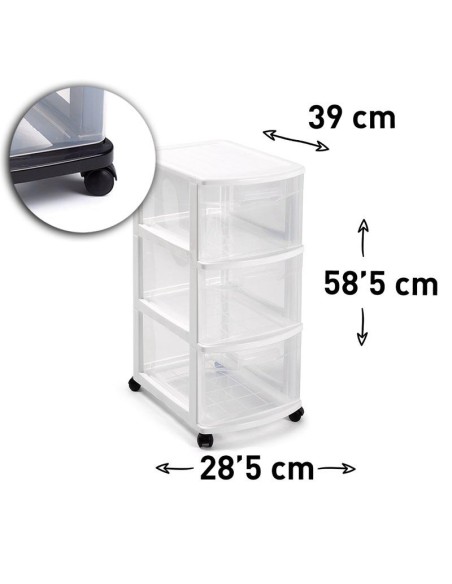 1209501-bloc de rangement 3 tiroirs avec roulettes blanc