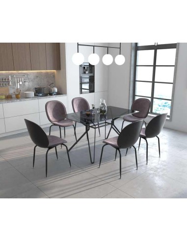 table tess - 140cm rect - pieds noirs verre gris fumé