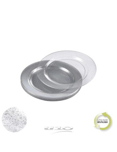 6asj101ag - set de 6 assiettes en plastique reutilisable 18cm paillete argent