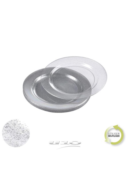 6asj101ag - set de 6 assiettes en plastique reutilisable 18cm paillete argent