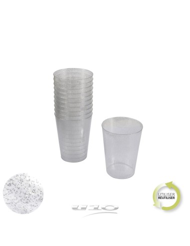 6goj044ag - set de 20 verres en plastique reutilisable 20cl paillete argent