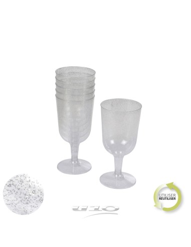 6goj043ag - set de 6 verres a vin en plastique reutilisable 18cl paillete argent
