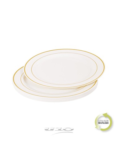 6asj041or - set de 6 assiettes en plastique reutilisable d19cm blanc lisere or