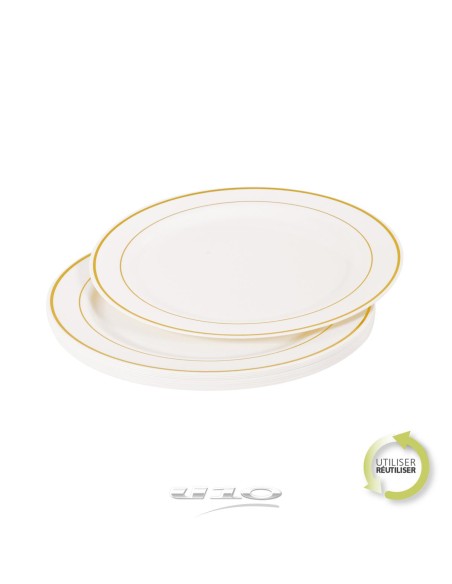 6asj041or - set de 6 assiettes en plastique reutilisable d19cm blanc lisere or