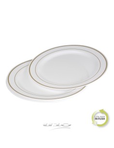 6asj043or - set de 6 assiettes en plastique reutilisable d23cm blanc lisere or