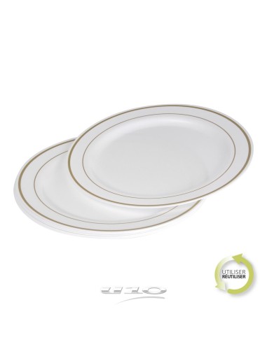 6asj043or - set de 6 assiettes en plastique reutilisable d23cm blanc lisere or