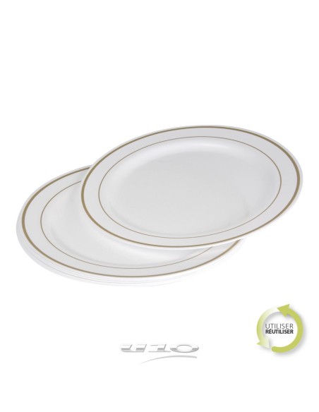 6asj043or - set de 6 assiettes en plastique reutilisable d23cm blanc lisere or