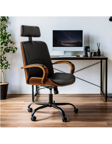 chaise de bureau criollo noir + bois foncé avec pieds noir mat