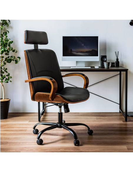 chaise de bureau criollo noir + bois foncé avec pieds noir mat