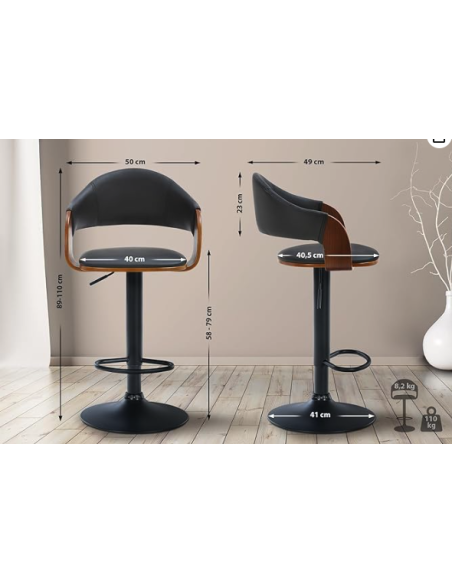 tabouret trinitario noir + bois foncé avec pieds noir mat