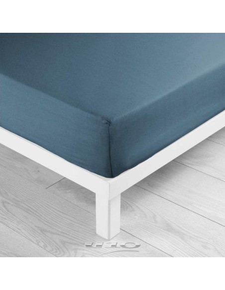 drap housse 2 personnes 140 x 190 cm uni 57 fils lina bleu nuit