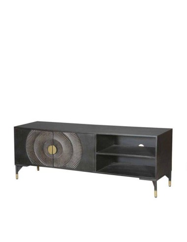 prit55 - meuble tv sunset / bois manguier noir pieds or - 160x42x55cm
