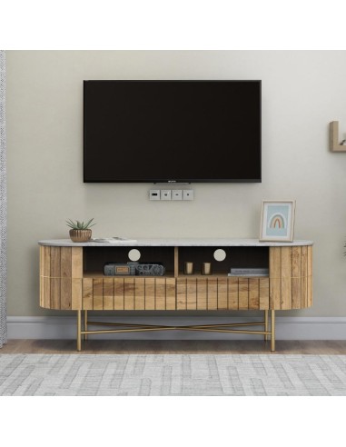 prit49 - meuble tv bas piano marbre/acacia - 138x40x51cm