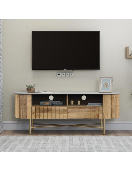 prit49 - meuble tv bas piano marbre/acacia - 138x40x51cm